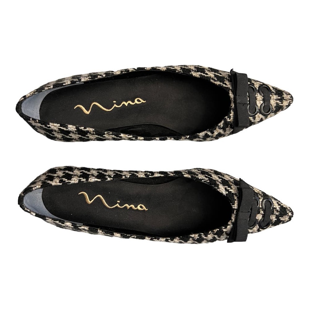 Nina Keesha Herringbone Tweed Shoes with Bow Size 7M Kitten Heel Pointed Pumps